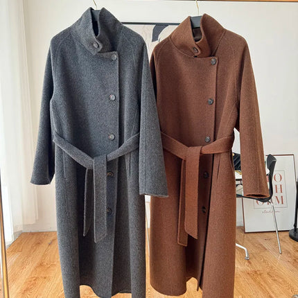 Korean Fashion Dark Gray Stand Collar 100%Wool Coat Women Long Winter Jacket