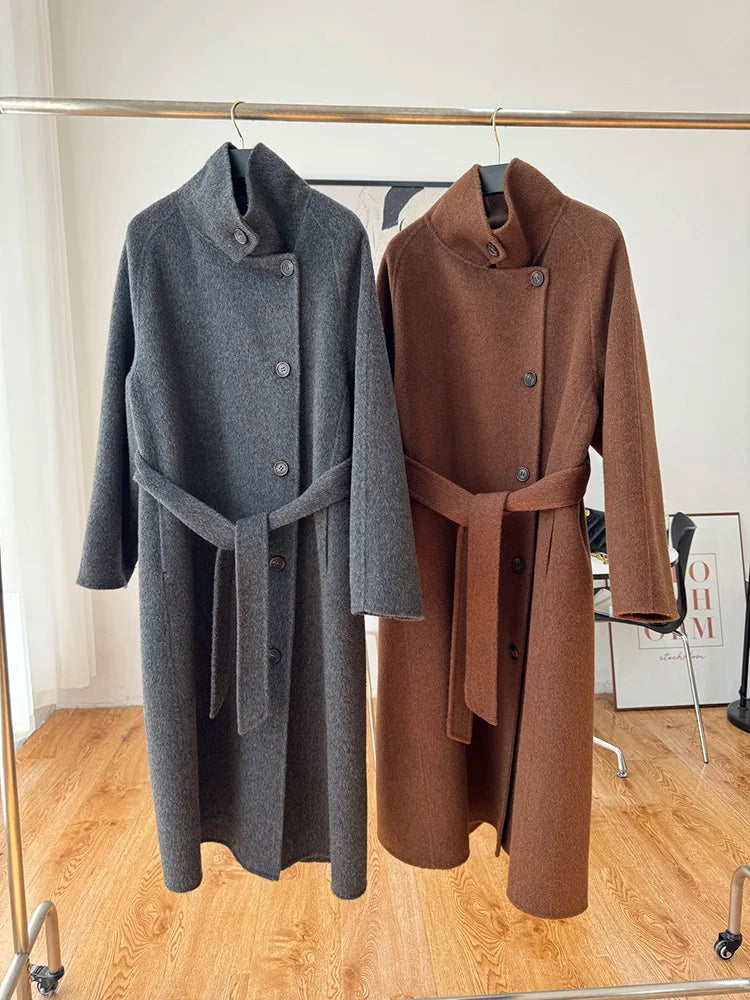 Korean Fashion Dark Gray Stand Collar 100%Wool Coat Women Long Winter Jacket