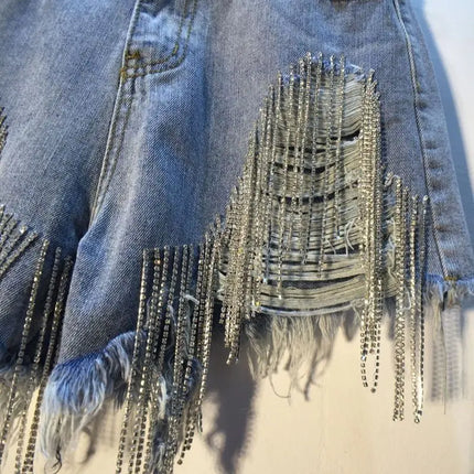 Short en jean pour femme Jeans déchirés à trous avec glands Diamants Sexy délavés effet usé Taille haute Streetwear 2025 Pantalons courts droits