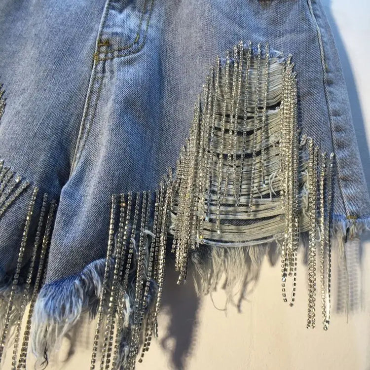 Pantaloncini di jeans Donna Jeans strappati con foro Nappe Diamanti Sexy lavato effetto consumato Vita alta Streetwear 2025 Pantaloni corti dritti