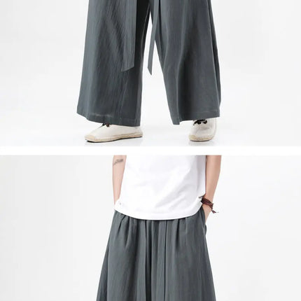 Pantaloni retrò in cotone e lino stile cinese Uomo Kimono estivo Pantaloni tradizionali in tinta unita Pantaloni casual a gamba larga streetwear maschile