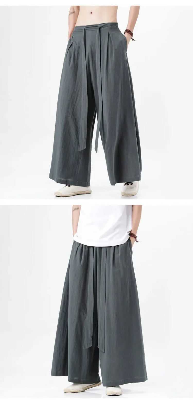 Pantaloni retrò in cotone e lino stile cinese Uomo Kimono estivo Pantaloni tradizionali in tinta unita Pantaloni casual a gamba larga streetwear maschile