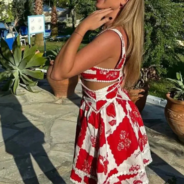 Women's Simple Elegant V Neck Mini Dresses. Women's Color Block Spaghetti Strap Dress. Hollow Waist Party Dresses with Large Hem