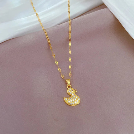 EILIECK 316L Stainless Steel Shine Cubic Zirconia Swan Pendant Necklace Gold Color Texture Metal Personalized Jewelry Neck Chain PlatiNum