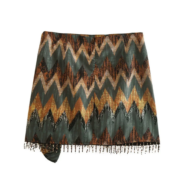 Women's Vintage Geometric Print Knotted Pareo Mini Skirt Faldas Mujer Casual Zipper Dresses with Beaded Tassel