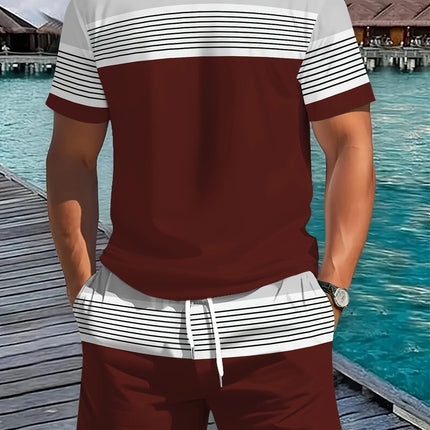 2026 Summer New Arrival Men's Casual Two-piece Set 2026 Striped Print Short Sleeve Shirt and Sports Shorts Men's Fitness Set