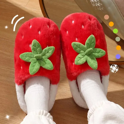 Women's Cotton Slippers Cute Strawberry Furry Fur House Winter Warm Plush Fluffy Slippers Women Chunky Sole Platform GirlsShoes