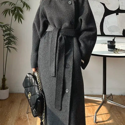 Korean Fashion Dark Gray Stand Collar 100%Wool Coat Women Long Winter Jacket