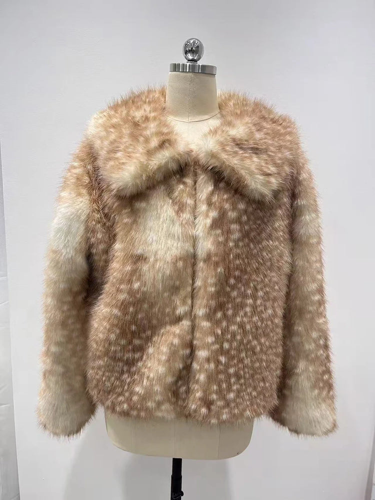 ZADORIN New Chic Deer-print Faux Fur Jackets Elegant Lapel Loose-fit Fluffy Faux Fur Coat Woman Plush Fur Coats Winter Outerwear
