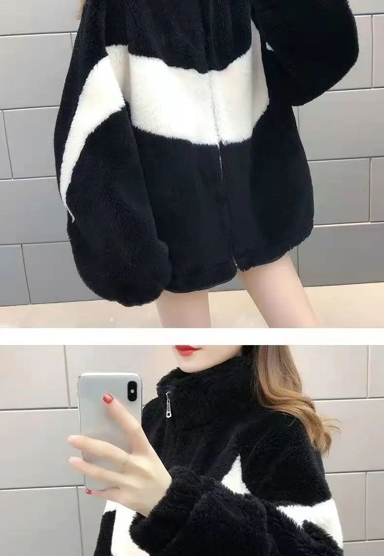 Warm Stand collar Faux fur Winter Jacket Female 2024 New Korean Loose Thick Lamb wool Coat Short Stitching Womens Parkas Outwear