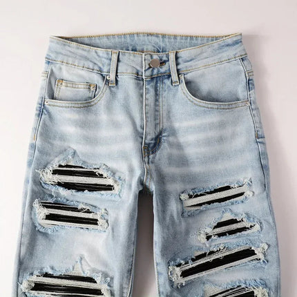 High Street Jeans Patch Hand-worn Holes Slim Skinny Jeans for Men PlatiNum