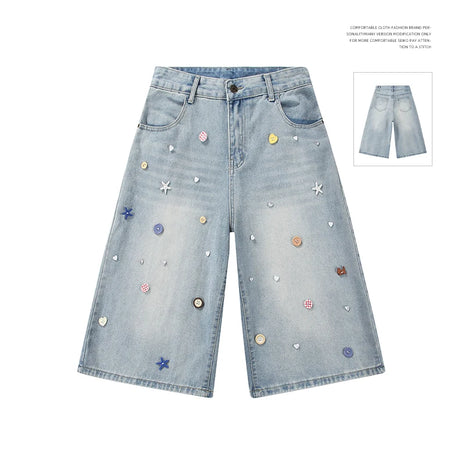 Designer Style Luxury Denim Shorts with Colorful Embroidery, Men's 3/4 Shorts, Loose and Short Jeans, Casual Bermuda