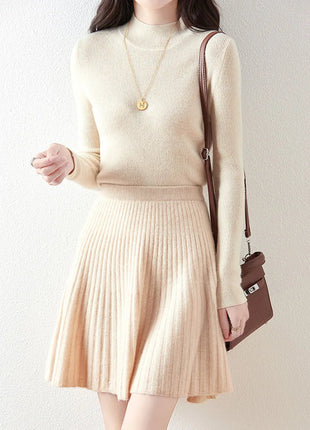 Preppy Style women's 100% Merino Wool Skirts Autumn Winter Pleated Skirt Cashmere Knitwear Short A-Line Above Knee Skirt PlatiNum