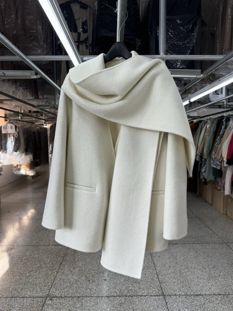 Scarf Collar 100%Wool Coat Women, Korean Fashion Elegant Outerwear, Loose Autumn Winter Jacket