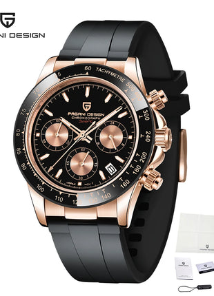 Nuovo Orologio da Uomo PAGANI DESIGN Cronografo di Lusso in Oro Rosa, Quadrante Blu Ghiaccio 40mm, Vetro Zaffiro, Impermeabile 100M, Cinturino in Gomma, Orologio Sportivo Maschile + CONFEZIONE REGALO