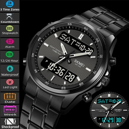Skmei orologio da polso analogico al quarzo da uomo cinturino in acciaio inossidabile di lusso Led impermeabile digitale sportivo sveglia a tre fusi orari platinumshop