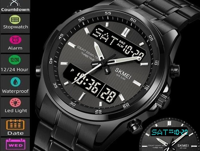 Skmei orologio da polso analogico al quarzo da uomo cinturino in acciaio inossidabile di lusso Led impermeabile digitale sportivo sveglia a tre fusi orari platinumshop