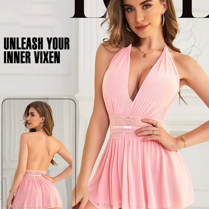 Babydoll da donna con scollo all'americana, scollo a V profondo, vita in pizzo e rete, chemise trasparente svasata, camicia da notte con bretelline