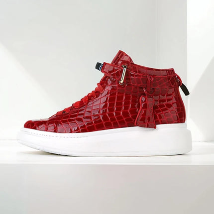 2026 Mid-Top Sneakers Men Alligator Pattern Round Toe Lock Decoration Lace Flats Glossy Cow Leather Casual Shoes