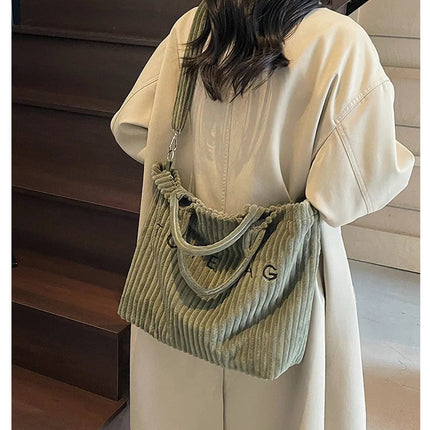 Large Capacity Striped Velvet Handbag Shoulder Bag for Woman Handbags Crossbody Bags, Versatile Letter Corduroy Women's Tote Bag PlatiNum
