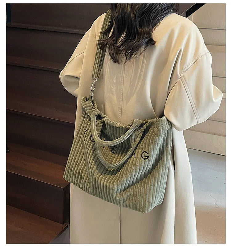 Large Capacity Striped Velvet Handbag Shoulder Bag for Woman Handbags Crossbody Bags, Versatile Letter Corduroy Women's Tote Bag PlatiNum