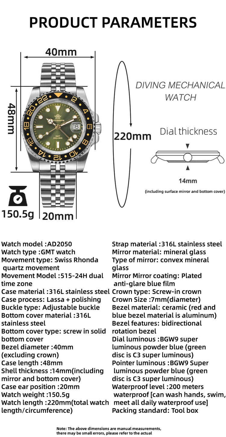 ADDIESDIVE New 40mm Luxury Men Business GMT Watch Swiss Ronda 515-24H Quartz Waterproof 200m Luminous Aluminum Ceramic Bezel