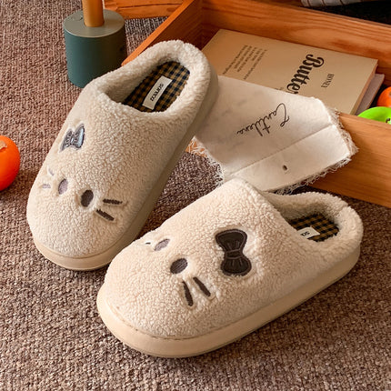 Cute Cat Winter Warm Slippers Women Men Fluffy Plush Home Shoes Red Bowknot Plaid Lining Indoor Bedroom Cotton Slides Mules New