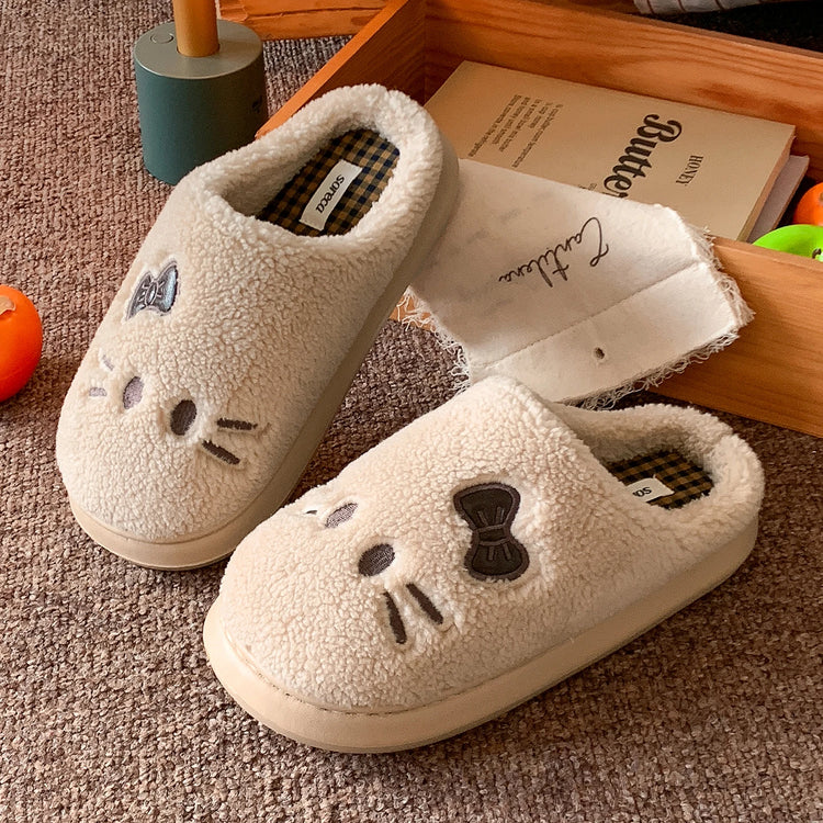Cute Cat Winter Warm Slippers Women Men Fluffy Plush Home Shoes Red Bowknot Plaid Lining Indoor Bedroom Cotton Slides Mules New