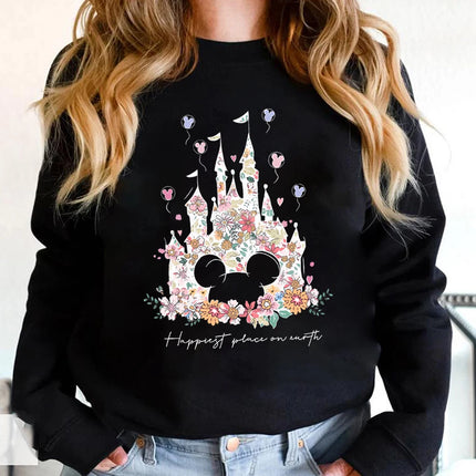Aesthetic Floral Castle Sweatshirt Vintage Castle Hoodie Happiest Place on Earth Pullover Trendy Women Long Sleeves Sweatshirts