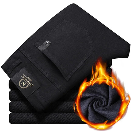 Winter New Business Fashion Casual Elastic Comfort Velvet Trouser Fleece Casual Pants Men's Straight Slim Thick Warm Male