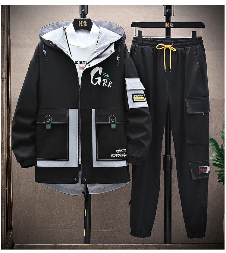 Spring Casual Men Sets Two Pieces Fashion Korean Trend Hooded Jacket + Pants Autumn Baseball Uniform Suit Man Outfit