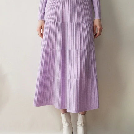 Autumn Winter Women Tiered Skirt Cashmere A-line Pleated Skirt Elastic Waist 100% Cashmere Knitted High Quality Soft Solid Dress PlatiNum