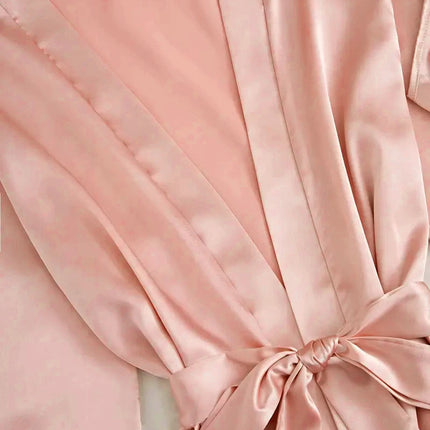 Pigiama da notte in raso da donna Set pigiama rosa Lingerie sexy Accappatoio Patchwork di pizzo Abito da notte in seta Pantaloni Indumenti da notte vestiti per la casa