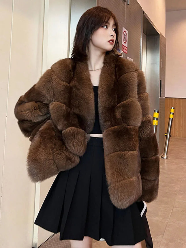 ZADORIN New Winter Faux Mink Coat Woman Elegant V Neck Long Sleeve Brown Faux Fur Coat Luxury Furry Jacket Woman Clothes Fur Top
