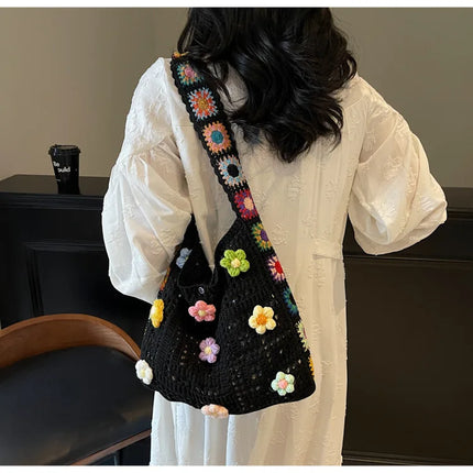 Borsa tote da donna in stile boho con motivo floreale all'uncinetto, borsa a tracolla in maglia intrecciata di grande capacità, borsa da spiaggia estiva per ragazze