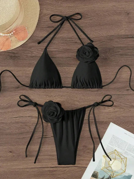 Bikini Sexy con Fiori 3D e Lacci Sulla Schiena, Costume da Bagno Femminile Due Pezzi, Set Bikini, Abbigliamento da Spiaggia, Taglie S-L PlatiNum
