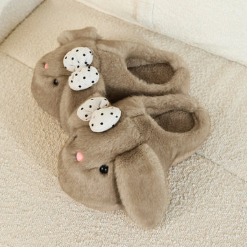 SHAJI Women Long Ear Bunny Plush Slippers Autumn Winter Kawaii Cartoon Non-Slip EVA Sole Indoor Bedroom Home House Shoes