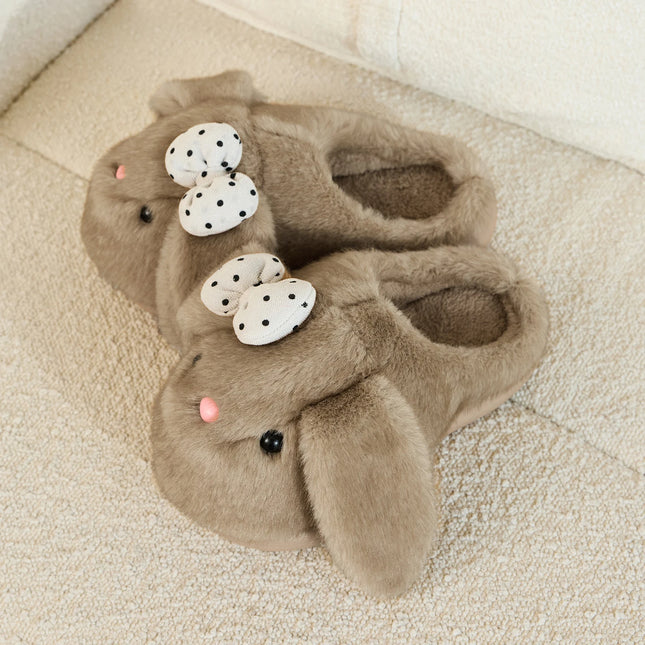 SHAJI Women Long Ear Bunny Plush Slippers Autumn Winter Kawaii Cartoon Non-Slip EVA Sole Indoor Bedroom Home House Shoes