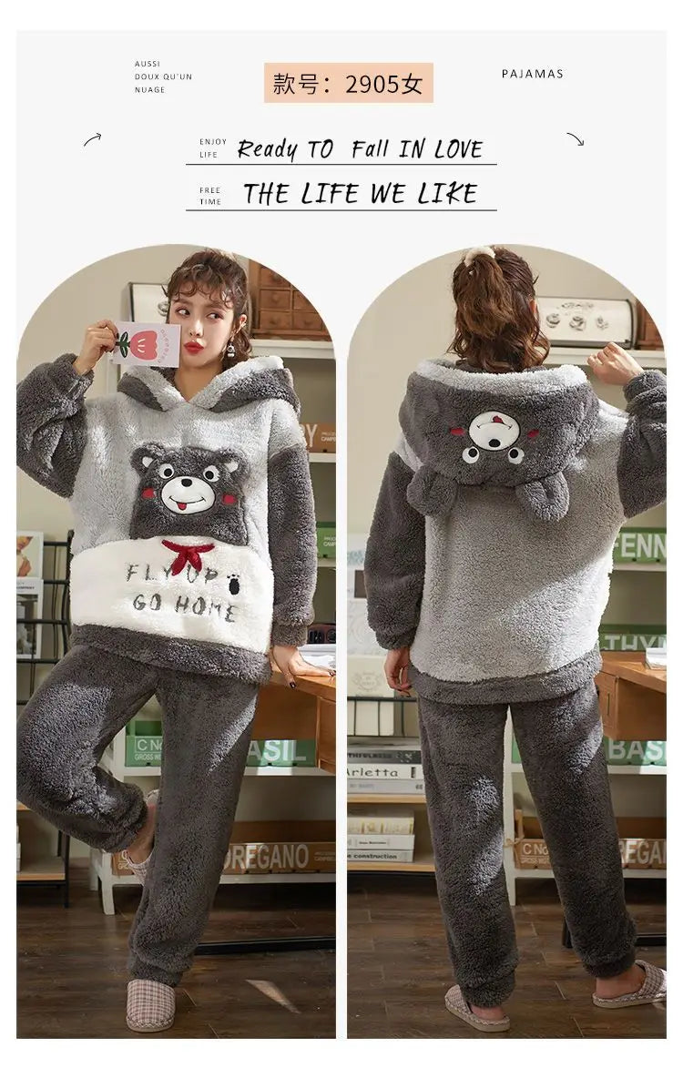 Couples Pajamas Women Men Winter Thicken Pyjamas Sleepwear Cartoon Dinosaur Korean Lovers Homewear Soft Warm Hoodies Pijama