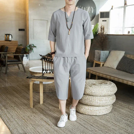 Stile giapponese Kimono T-shirt a maniche corte Pantaloni Due pezzi Top da uomo Pantaloni Abiti da uomo Giappone Harajuku Yukata Cardigan Costume
