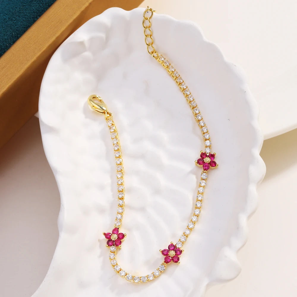 Fiori colorati con zirconi cubici Baguette Catena da tennis Collana girocollo da donna Gioielli hip-hop in ottone per donna Dorato