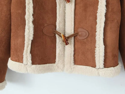  YENKYE Retro Horn Button Faux Suede Lambswool Jacket Coat For Women Lapel Collar Long Sleeve Autumn Winter Warm Outerwear