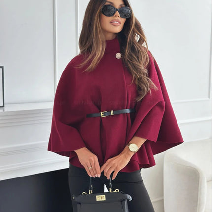 Women Single Buckle Batwing Sleeve Coat Autumn Winter Elegant Lady Tweed Waist Cinching Poncho Trend Thick Warm Loose Outwear