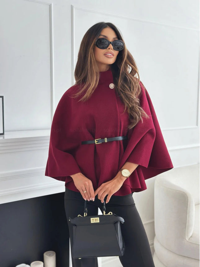 Women Single Buckle Batwing Sleeve Coat Autumn Winter Elegant Lady Tweed Waist Cinching Poncho Trend Thick Warm Loose Outwear