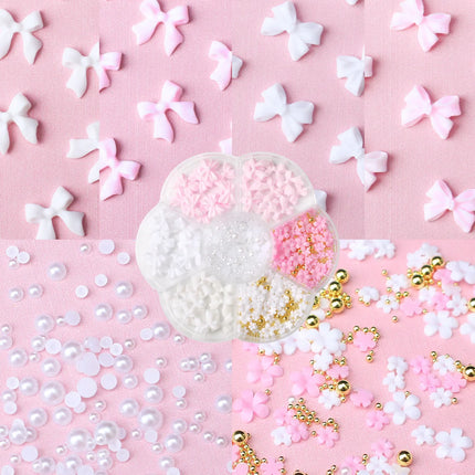 1box 3D Flower Bow Nail Art Decorations Kit Pink/White Acrylic Floral/Peal Beads Nail Charm with Wax Pen/Tweezer 4/6mm Nail Part Nail