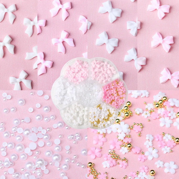 1box 3D Flower Bow Nail Art Decorations Kit Pink/White Acrylic Floral/Peal Beads Nail Charm with Wax Pen/Tweezer 4/6mm Nail Part Nail