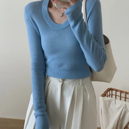 100% 48 count wool U-neck Ultra-fine Merino Wool Shirt for Women's Slim and Thin Bottoming Shirt for Women's Autumn and Winter PlatiNum
