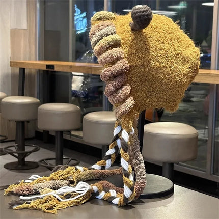 2025 Funny Monster Furry Hat for Women Autumn Winter Knitted Beanie with Braid Warm Ear Protection Hand Crochet Skullies