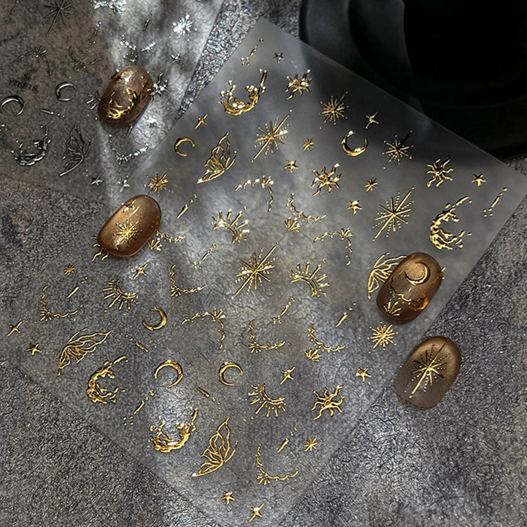 3D Bronzing Gold Moon Star Nail Art Stickers Retro Bohemia Sun Moon Star Nails Designs Self-Adhesive 3D Luxury Nail Decorations