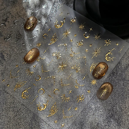 3D Bronzing Gold Moon Star Nail Art Stickers Retro Bohemia Sun Moon Star Nails Designs Self-Adhesive 3D Luxury Nail Decorations